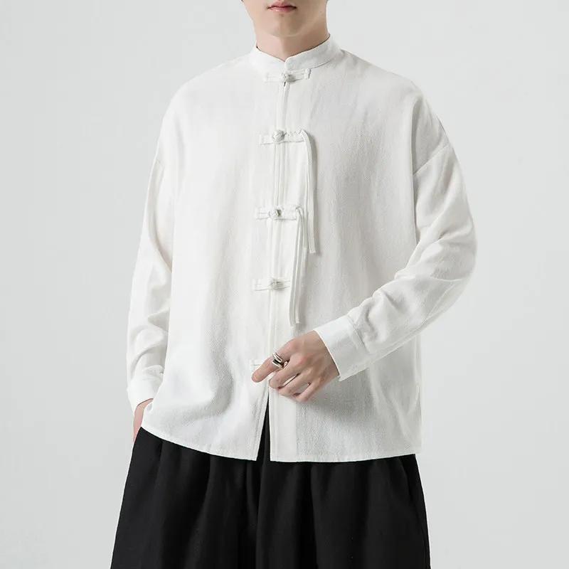 Chinese Style Cotton Linen Shirts Men Loose Fit Long Sleeve Shirt Retro Unique Frog Button Shirt Casual Breathable Blouse