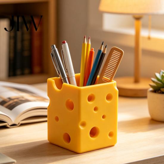Modern Desk Decoration Creative 3D Printed Cheese Pen Holder, Cute Desktop Organizer, Plastic Stationery Holder Multifunctional Storage Ornament