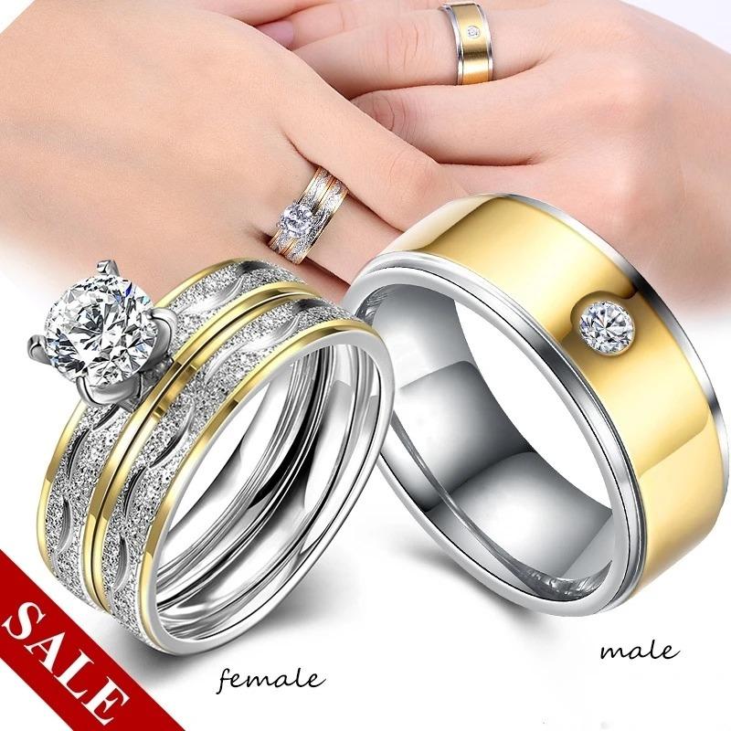 Trendy Couple Rings Women White Crystal CZ Rings Set Simple Men Stainless Steel Zircon Ring Wedding Band Jewelry Gifts For Lover