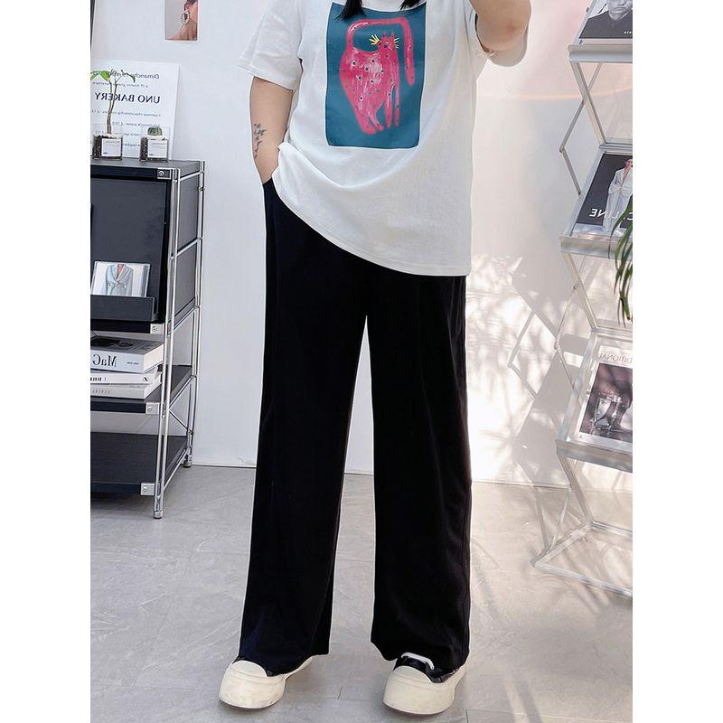 

Plus size women clothing Summer Clothing Loose Ice Silk Wide-Leg Pants Fat Sister Loose Slimming Pear Shapes 100.00kg Straight Pants Black XL