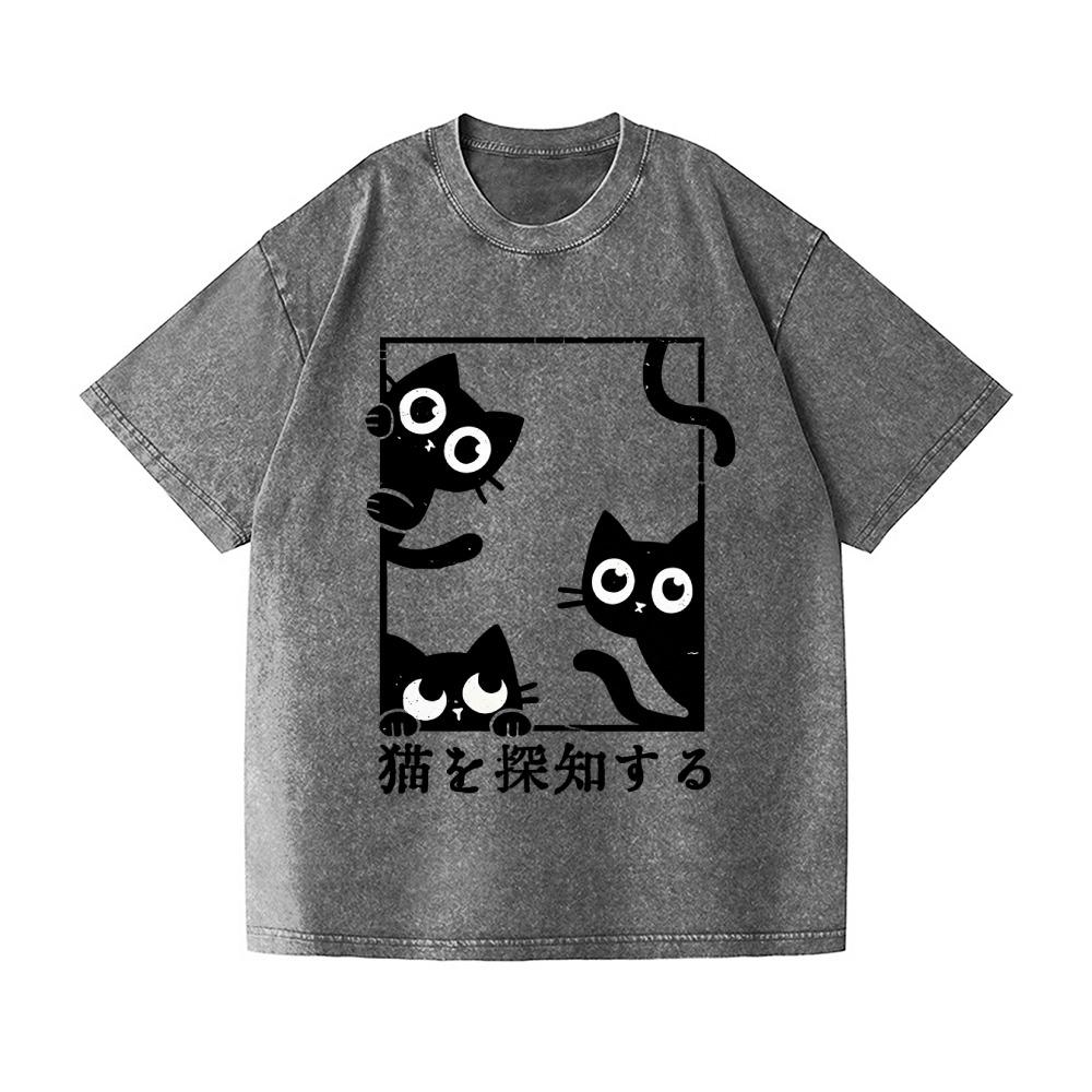 Fashion Black Cat Vintage Wash Japanese Design T-Shirt Harajuku Basic Top Casual Cotton Short Sleeve Dropped Shoulder
