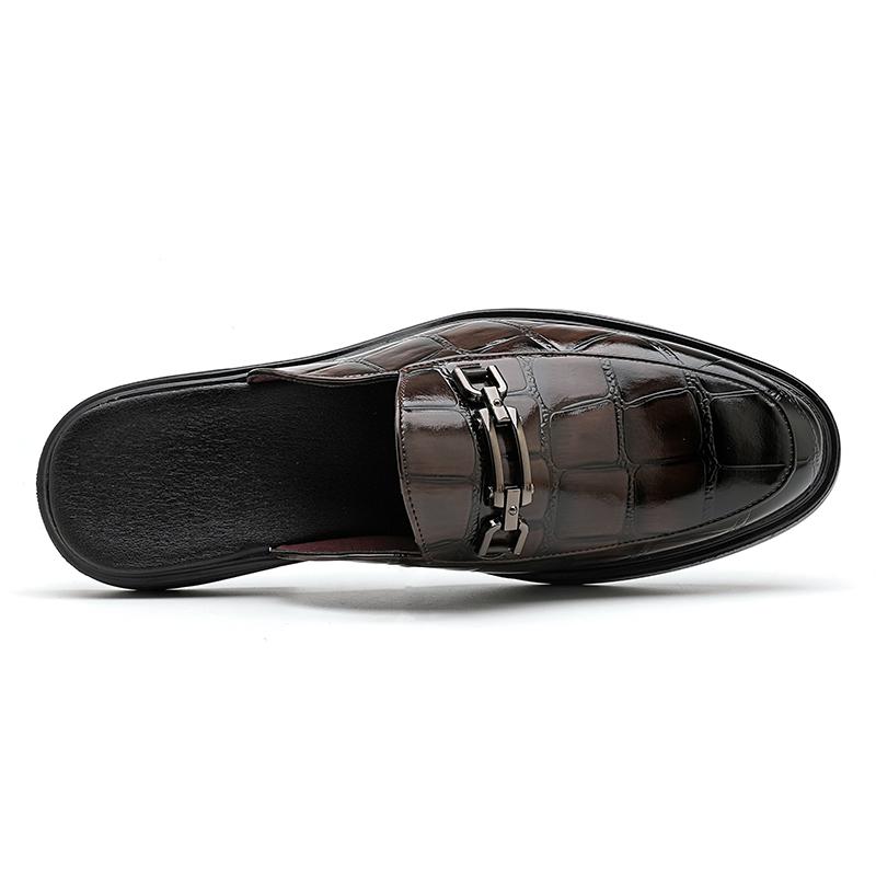 New Men's Black Brown Half Slippers Metal Button Patent Leather Shoes Male Casual Mules Moccasins Breathable Loafers