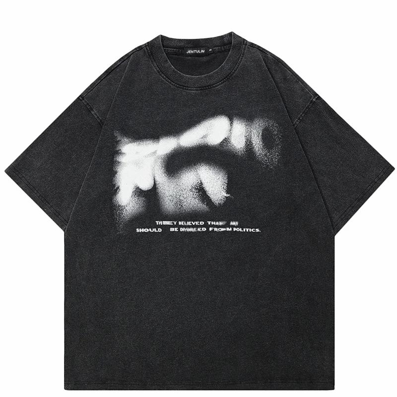 

Short Sleeved Round Neck Yk Tshirt Men Clothing New Top Tees Mens TShirt Blurry Letters Graphic Washed Camisetas Ropa Hombre M