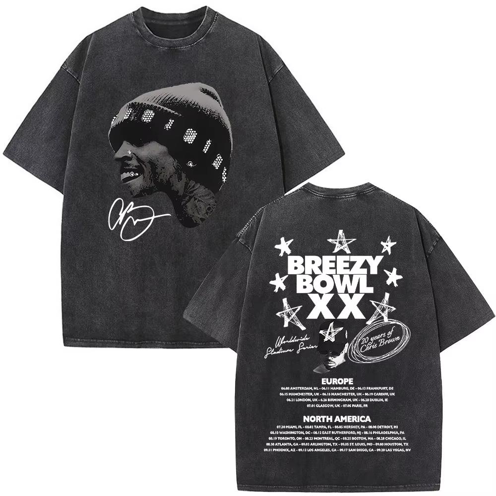 T-shirt Chris Brown Breezy Breezy Bowl XX Tour T-shirt Lavate Vintage Moda Uomo Hip Hop Manica Corta Streetwear