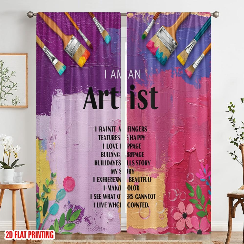 2pcs 2D Flat Printing Curtain I Am Artist Inspired Polyester Without Electricity Birthday Party Use for Home Decor