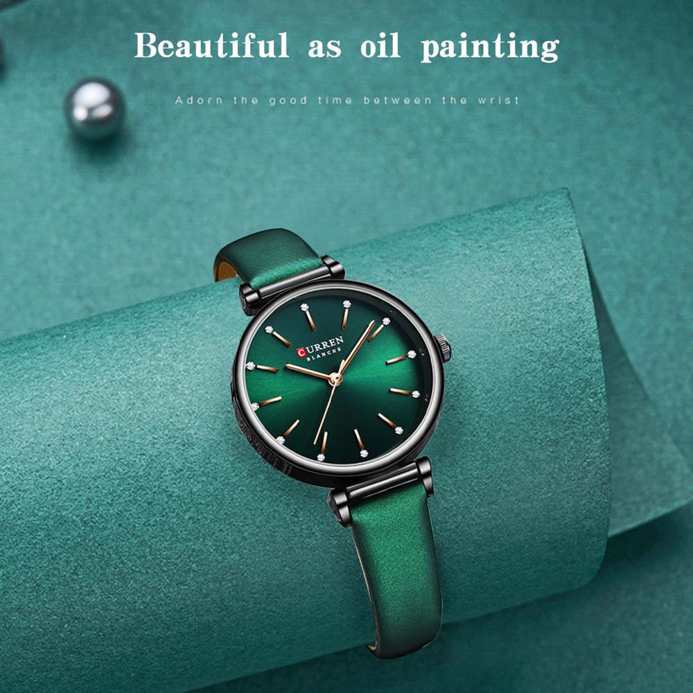 CURREN Dámské hodinky Nové TOP značkové luxusní Quartz náramkové hodinky s koženým ciferníkem s lesklými kamínky Zelené hodiny Dámské