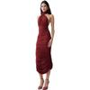Women's Autumn New Product Solid Color Neck Design Backless Pleated Waist Thin Split Dress
