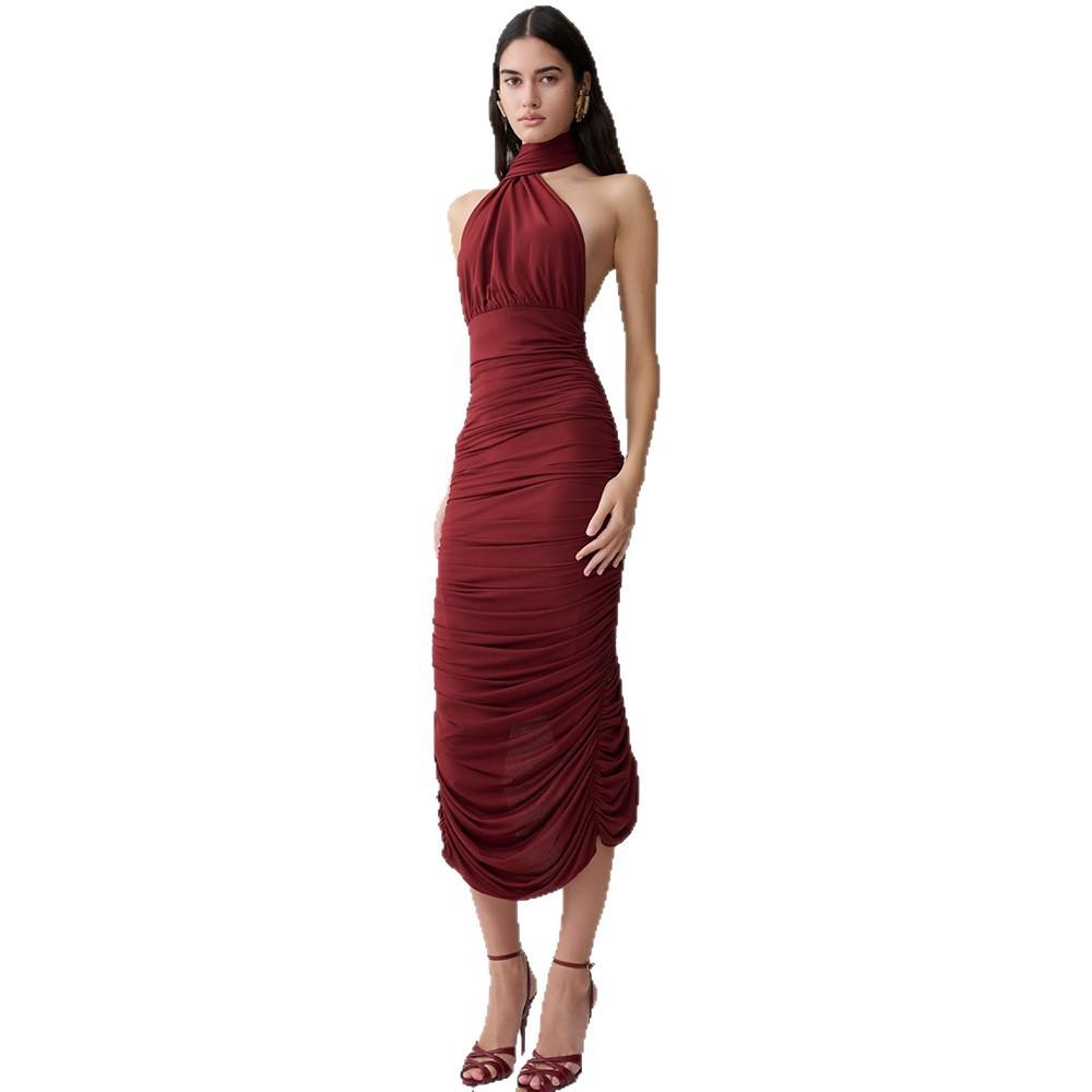 Women's Autumn New Product Solid Color Neck Design Backless Pleated Waist Thin Split Dress