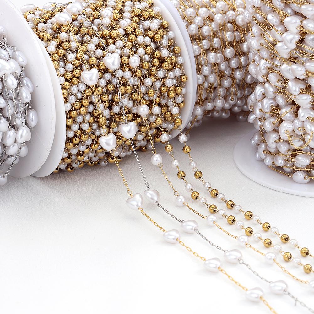 2meters 1meter Stainless Steel Love Heart ABS Pearl Beads Chains for Necklace Bracelet Chain for Jewelry Making DIY Wholesale