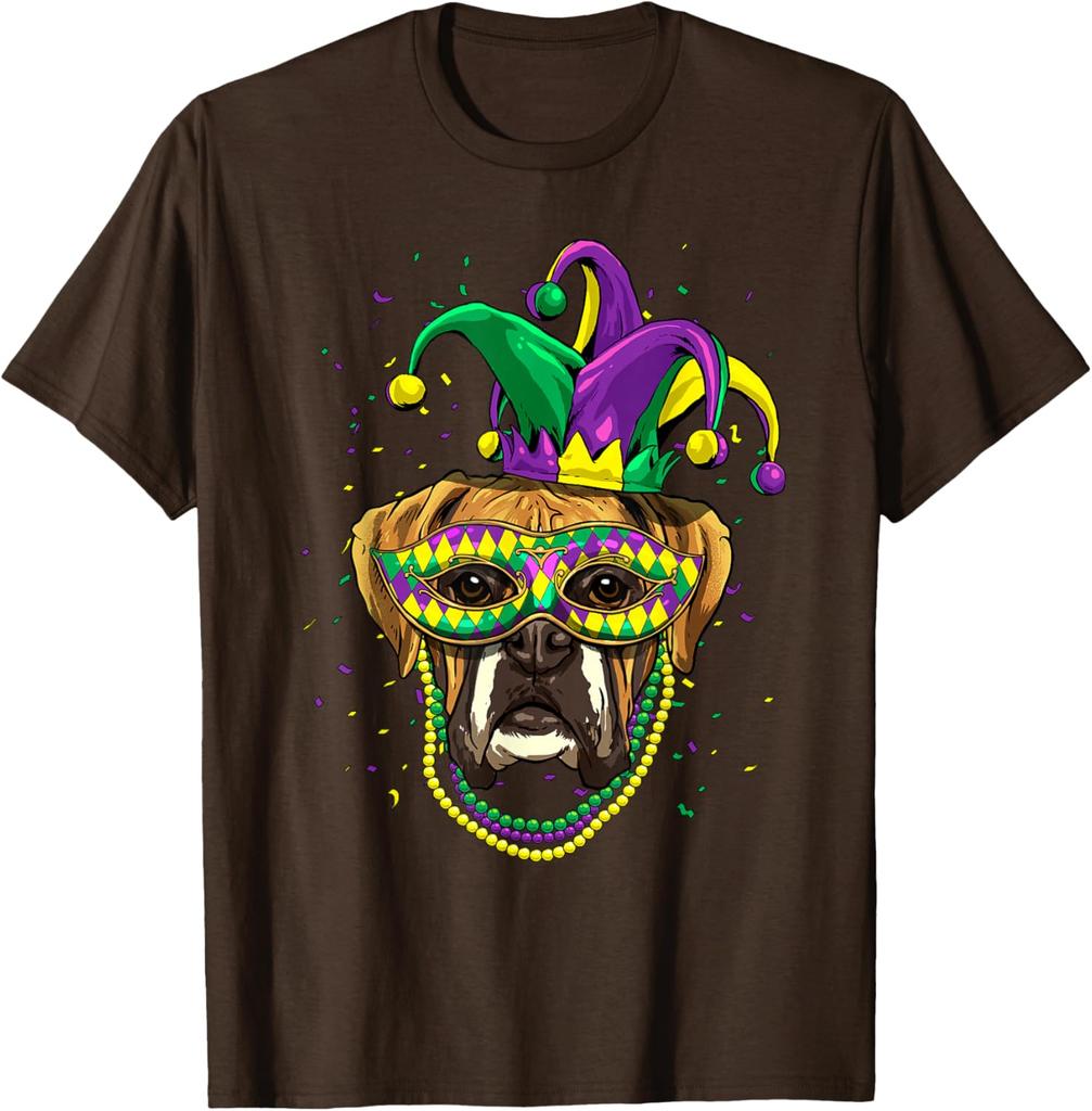 Boxer Dog Mardi Gras  Mask Beads Graphic Print Men Casual Cotton T-Shirt