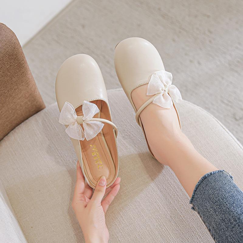 

Лето 2025 Туфли без каблука с ленивым бантом и юбкой Баотоу Полушлепанцы Женские Большого размера Плоская подошва Уличная обувь Дышащие 33 абрикосовый
