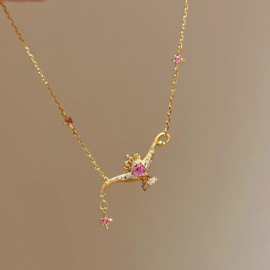 Sweetheart Leader Search Banner Magic Lamp Necklace Women'S Light Luxury Brushed Flash Micro Inlaid Smart Pink Diamond Pendant Collarbone Chain