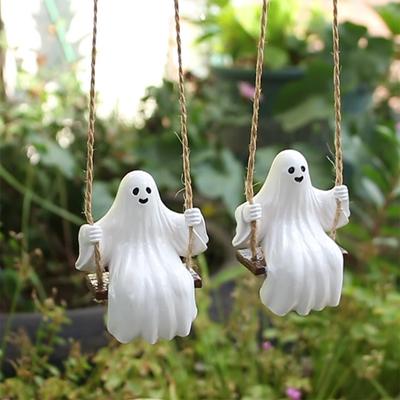 Halloween White Ghost Swing Statue Decor Cute Resin Ghost Couple On Swing Figurines Halloween Hanging Decor Gifts Garden Decor