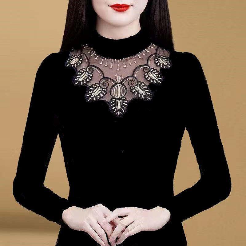 T-shirt da Donna con Fondo in Pizzo Nero a Maniche Lunghe Top Oversize