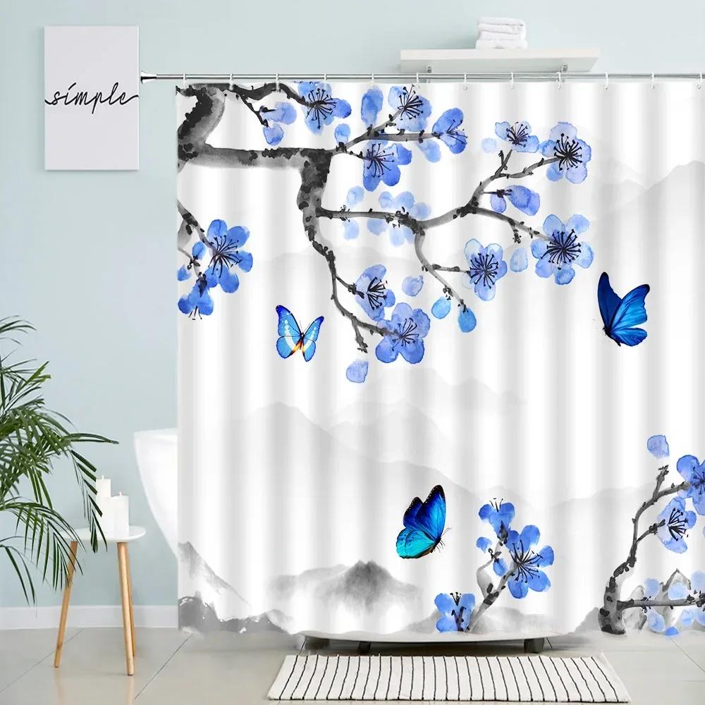 Blauer floraler Schmetterling Duschvorhang Naturrosa Rose Aquarellkunst Blumen Badvorhänge Wasserdichter Stoff Badezimmerdekor Set