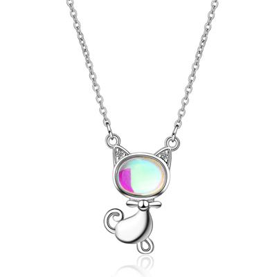Real 925 Sterling Silver Opal Animals Cat Charm Pendant Necklace For Women Choker Collares Wedding Party Jewelry Gift