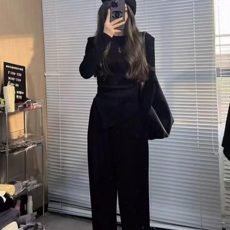 Womens Irregular Hem Top Straight Wide Leg Pants Set Casual Two Piece Outfit Petite