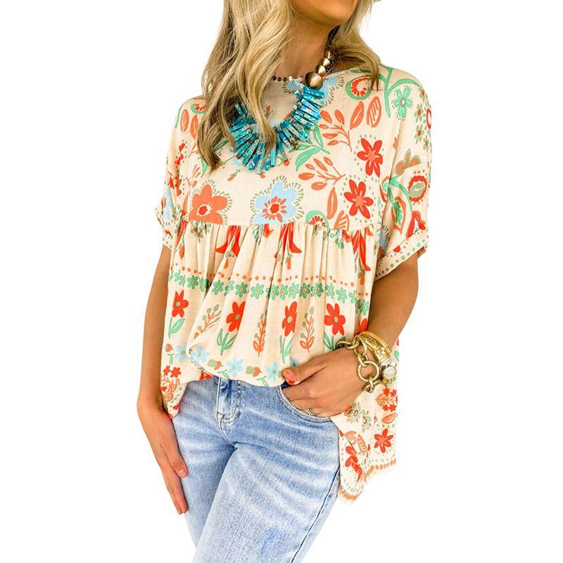 

Fashion Loose Ethnic Style Little-Girl Style Clothes Chiffon Shirt Women 2024 Summer New Arrival Print Pullover Roll Sleeve Tops Women LC25121247-apricot S code fits (45.00 kg-55.00 kg