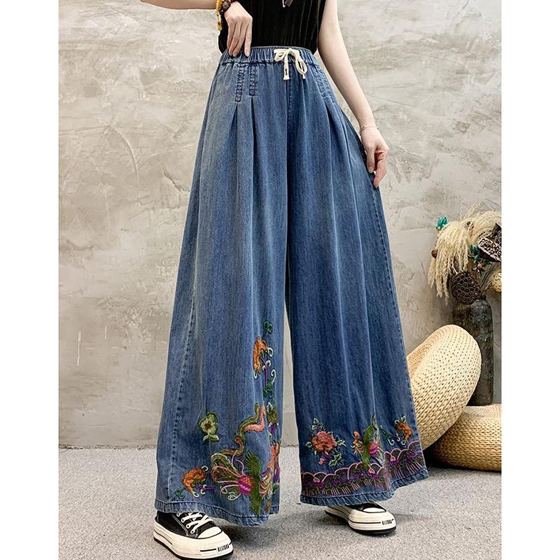 Summer New Wide Leg Jeans for Women Vintage Ethnic Style Embroidered Loose Slimming Straight Denim Pants Female Summer