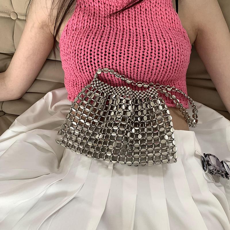 Yogodlns Women Summer Woven Hand Bag Luxury Design Hollow-out Silver Hand Woven Single Shoulder Underarm Bag