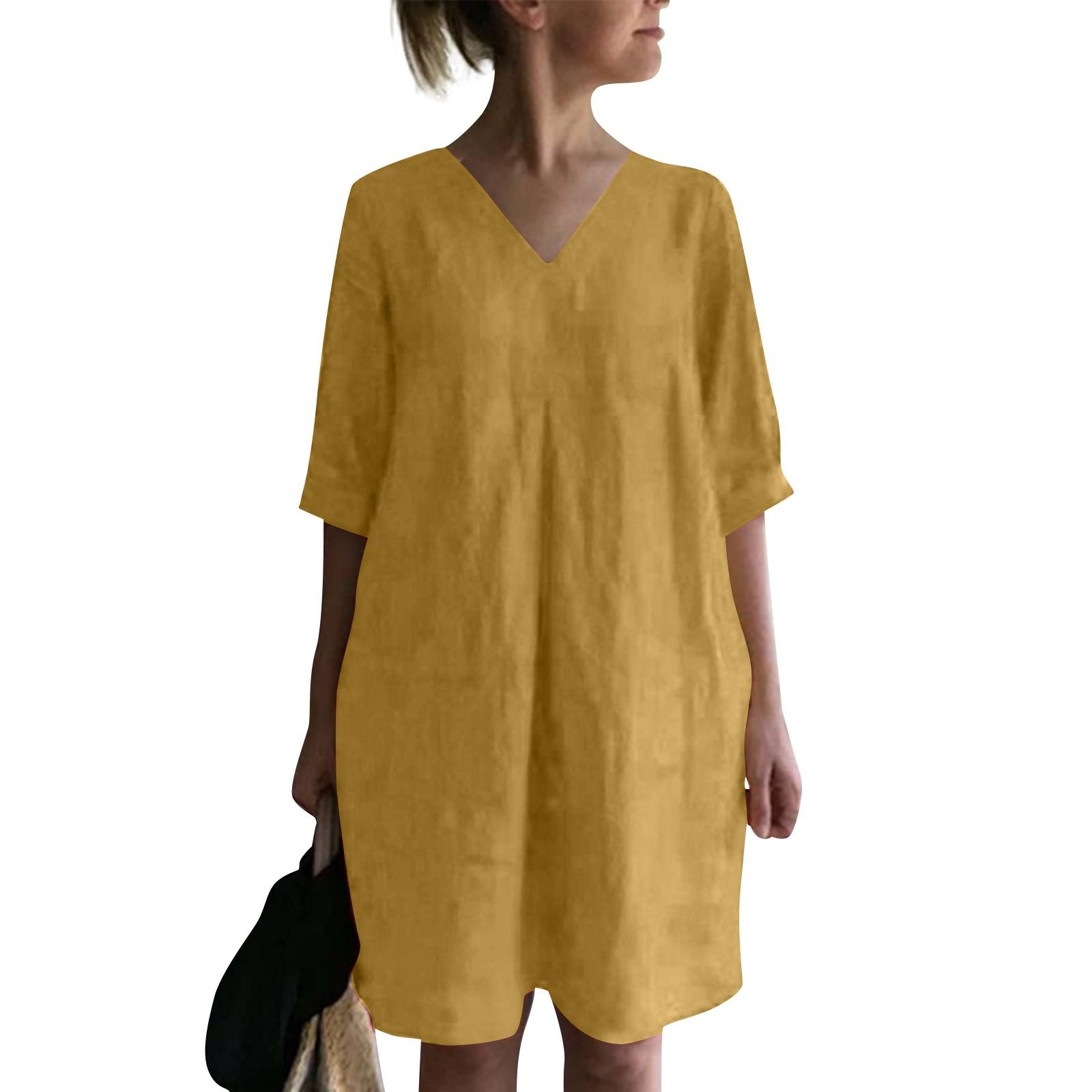 

Модная футболка с круглым вырезом, свободные удобные повседневные однотонные платья трапециевидной формы с семью рукавами XL жёлтый