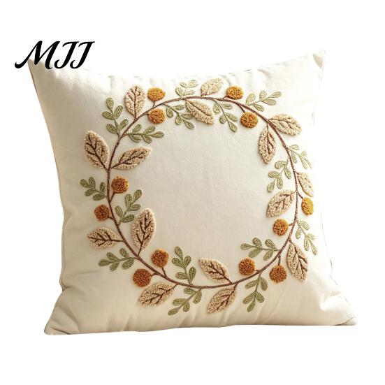 Fall Decorative Pillow Covers Autumn Wreath Cushion Cover, Thanksgiving Throw Leaf Embroidery Autumnal Bedroom Accent Cover Case for Sofa Couch