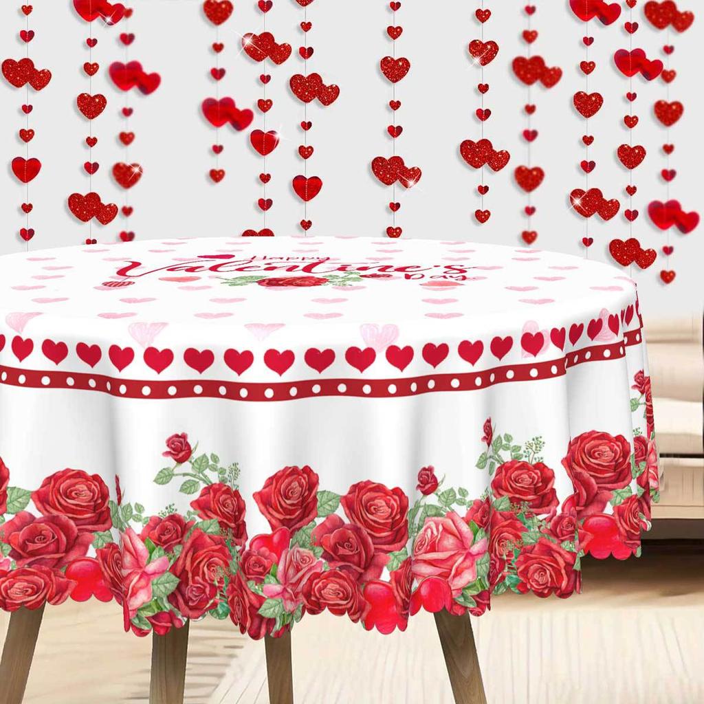 Valentine'S Day Love Rose Round Tablecloth, Red Romantic Round Table Cloth, Waterproof Leave-In Polyester Rectangular Table Cloth