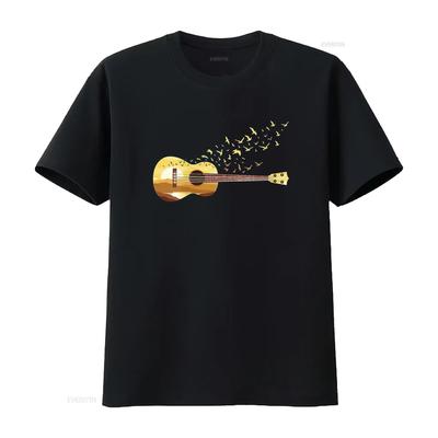 Damska Koszulka z Okrągłym Dekoltem dla Miłośników Ukulele, Ukulelistów, z Motywem Krajobrazowym, Vintage, Prana, do Codziennego Noszenia, Unisex, Casualowa, Miękka
