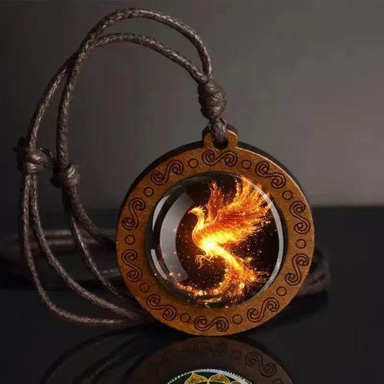 Fire Phoenix wooden pendant necklace, unisex, adjustable cord, suitable for daily wear and holidays A коричневый