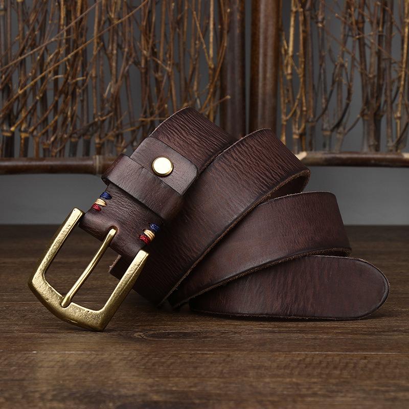 Belt Men's Thick Retro Vegetable Tanned Cow Leather Brass Buckle Belt Men's Casual Rough Fashion
