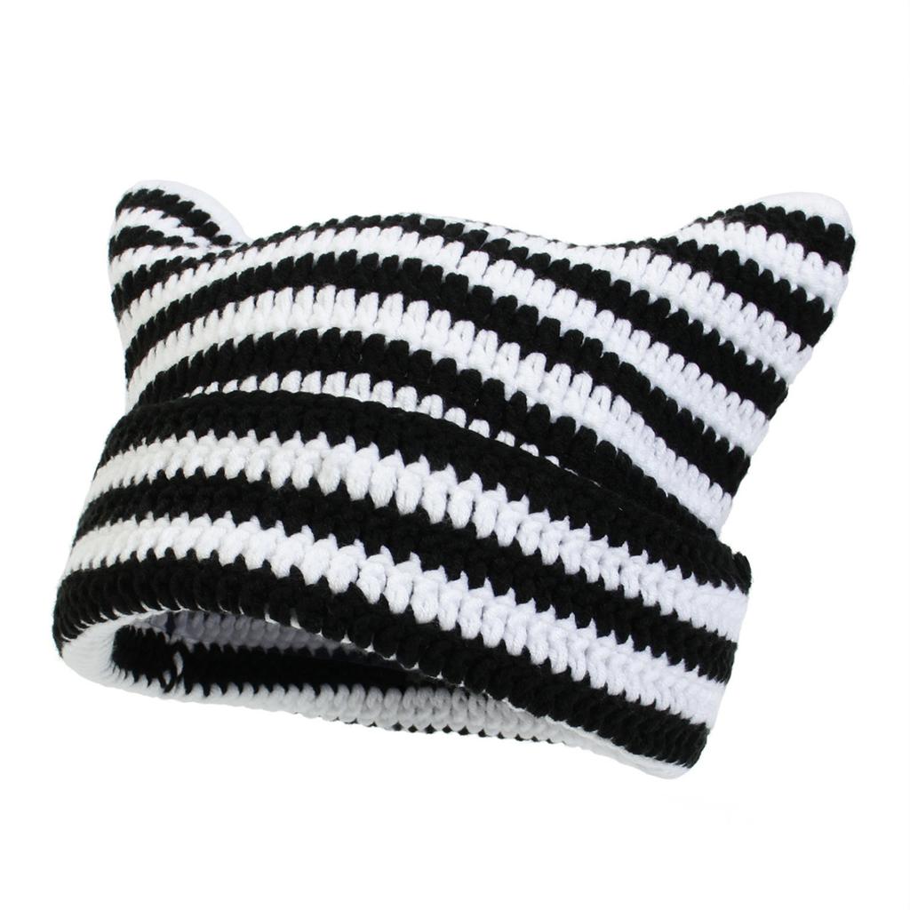 Autumn and Winter New Striped Devil Horn Hand-knitted Hat with Pointed Ears To Show the Face Small Warm Wool Hat Cute Hat for Wo