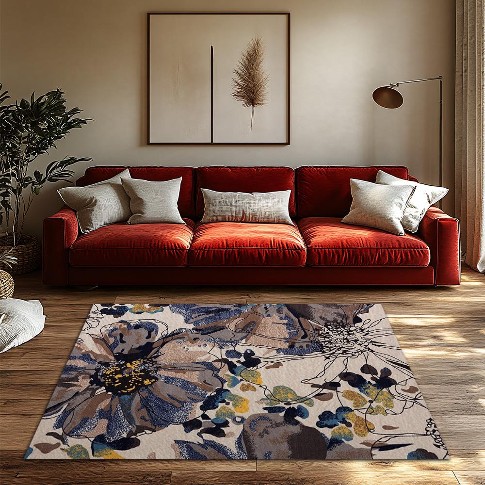 Cream White Floral Bohemian Rug, Purple Blue Flower Pattern Non-Slip Carpet, Artistic Living Room Mat for Vintage Home Decor
