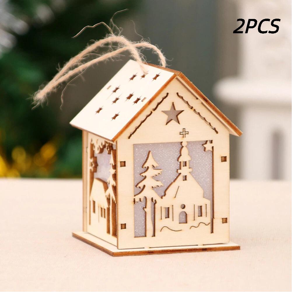 Christmas Tree Ornament, 2pcs Wooden Luminous Pendant Christmas Creative Small House Pendant for Xmas New Year  Home Party Decor