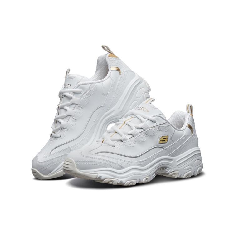 Skechers DLites 1.0 Orsetto Bianco Etichetta Oro Rete Pelle Sintetica Alla Moda Suola Spessa Basse Scarpe da Papà Sneaker Uomo 52676-WGD