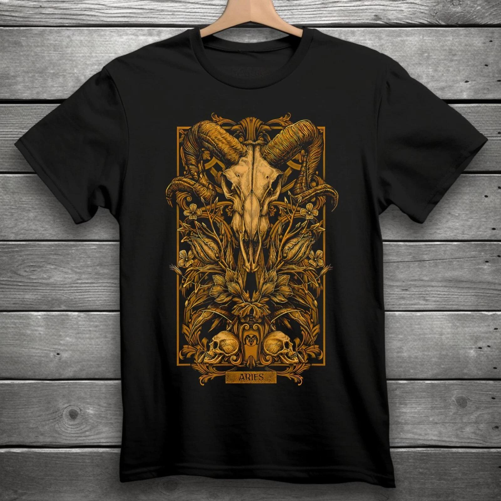 Aries Zodiac Sign Goth Skull Unisex Black T-Shirt S-3XL XXL