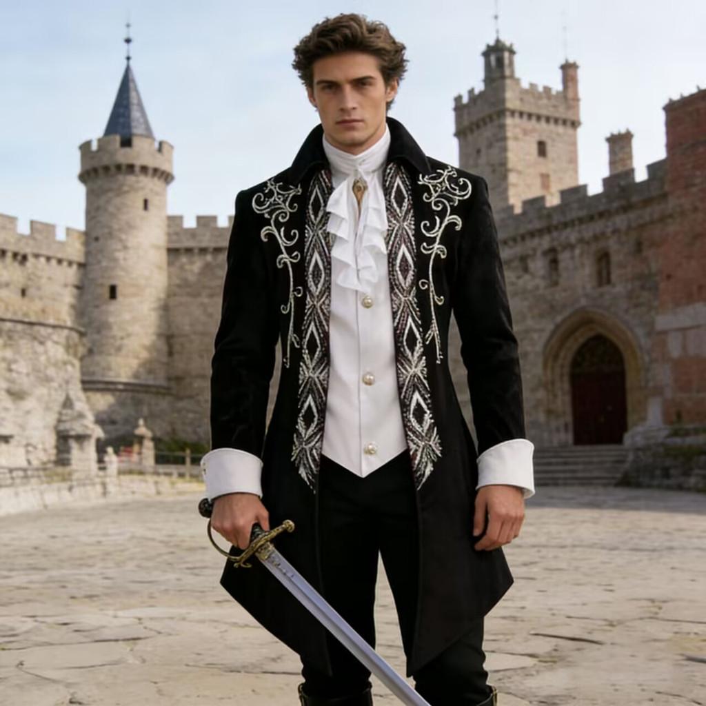 Gothic Victorian Tuxedo Jacket For Men With Jacquard Fabric For Stage Performances