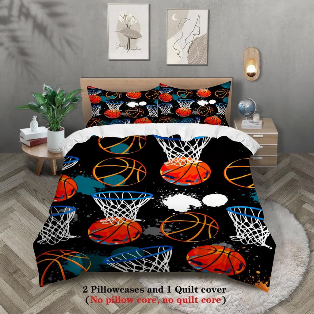 3pcs Basketball & Hoop Graffiti Print Duvet Cover Set – for Kids Gift 100%Polyester, Soft, Breathable for Bedroom Decoration