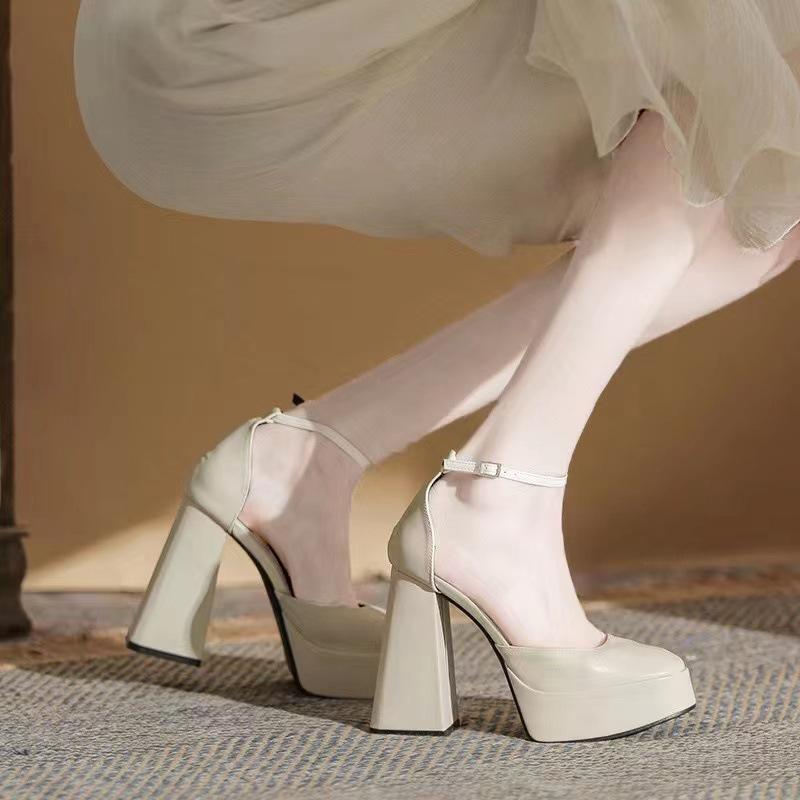 Mary Jane thick heel high heels new fairy wind waterproof table French square head one word buckle belt single shoes