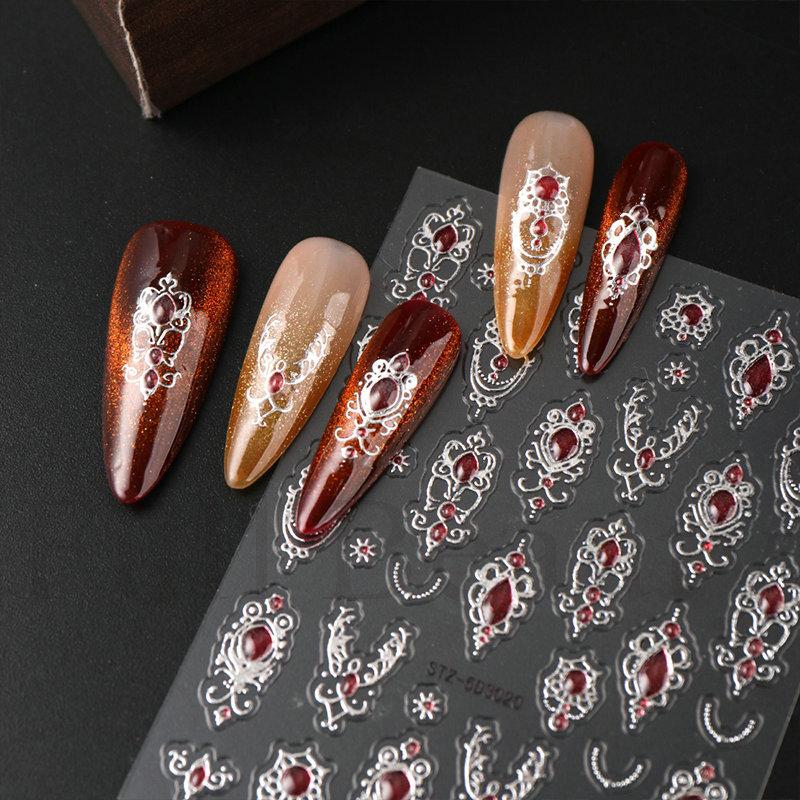 1pc embossed 5D retro light luxury court-style nail sticker with rubies and emeralds, adhesive backing, nail sticker, holiday gift.