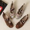 Elegant Embroidered Bow Design Ballet Flats Women Luxury Crystal Cross Tied Leopard Print Mary Jane Shoe Cozy Lightweight Loafer
