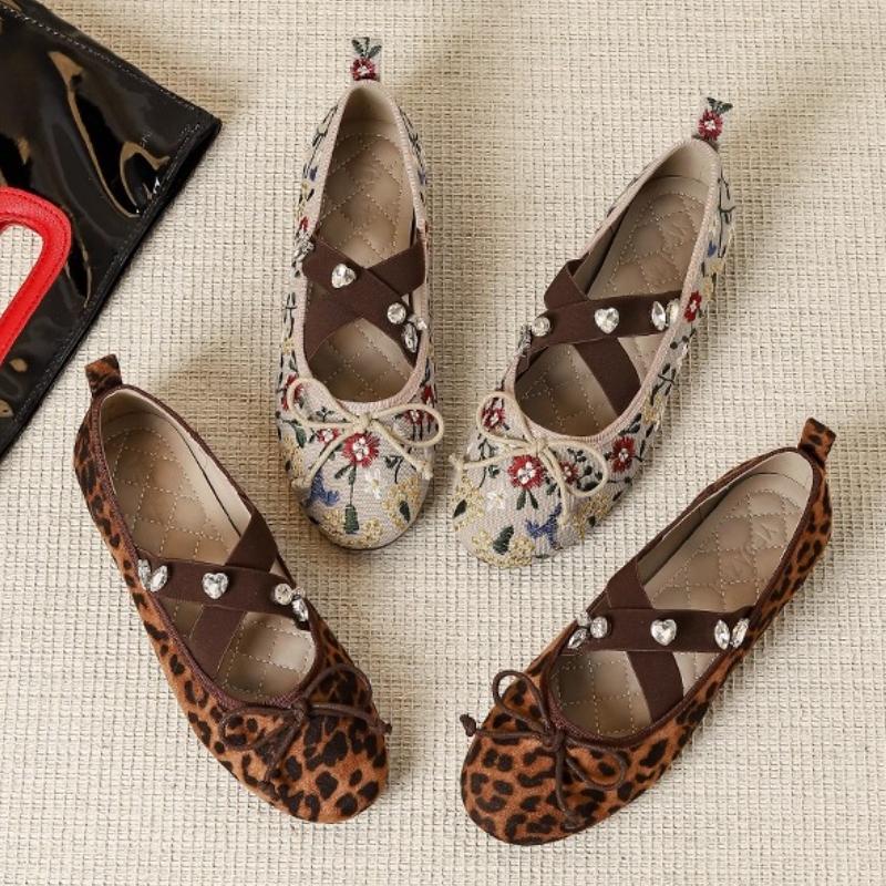 Elegant Embroidered Bow Design Ballet Flats Women Luxury Crystal Cross Tied Leopard Print Mary Jane Shoe Cozy Lightweight Loafer