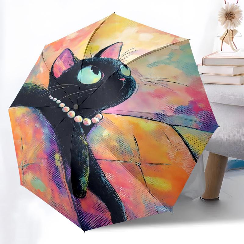 1PC Black Cat Art Automatic Open/Close, 8-Rib Durable Frame Compact Travel Umbrella for Men & Women S1222009