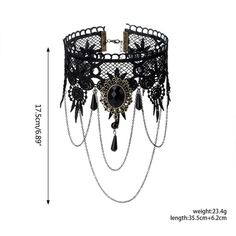 Adjustable Lace Choker Collar Gothic Necklace with Tassel Chain Crystal for Women Halloween Party Custume Vintage Choker