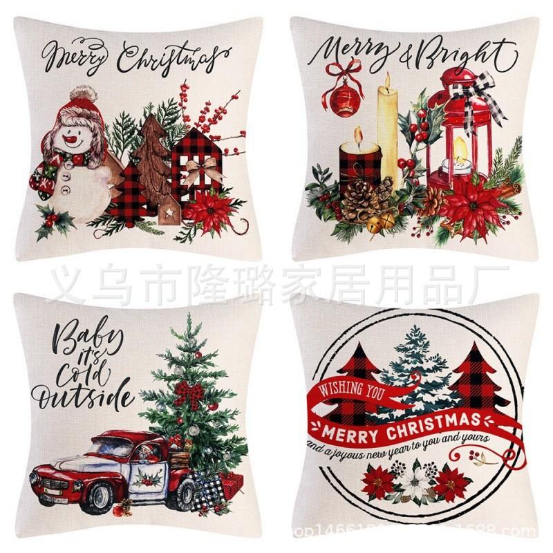 New Christmas Throw Pillow Cushion Home Decoration Short Plush Linen Printed Throw Pillow Cover