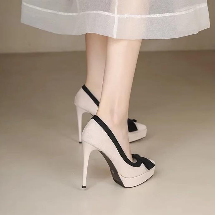 Waterproof Table High Heels Women's Stilettos 2025 Spring and Autumn New French Bow Fairy Catwalk Nightclub Sexy Single Shoes