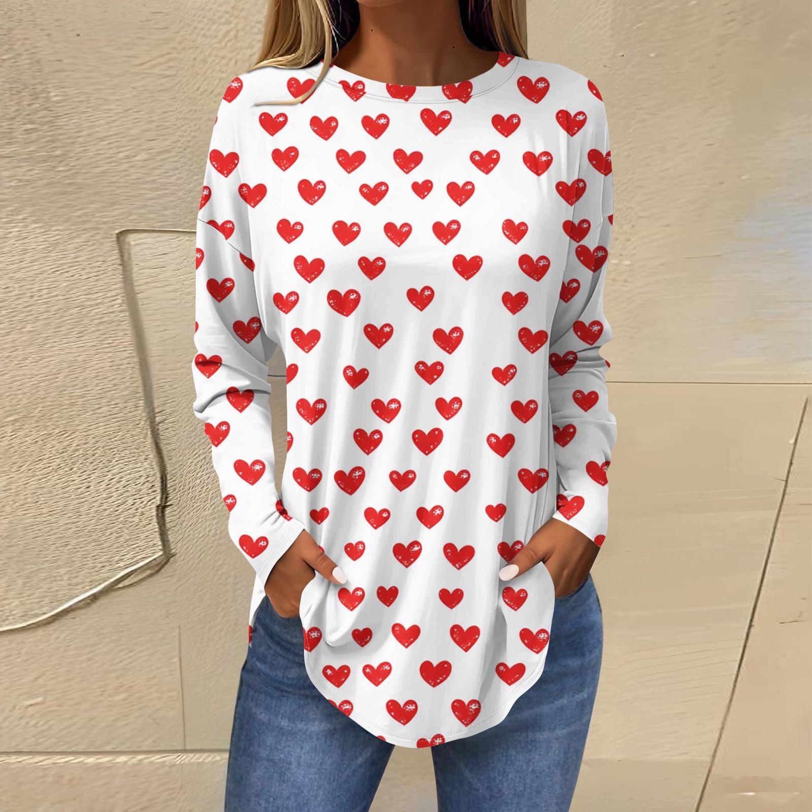 

Женская свободная футболка с круглым вырезом и принтом в виде сердца ко Дню святого Валентина, длинный рукав, топ, пуловер XL арбуз красный