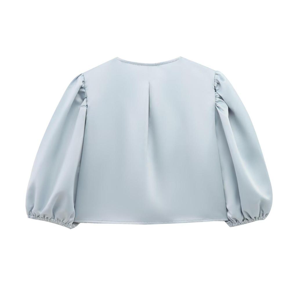 2025 Spring European & American Style Women's Satin Puff Sleeve Bow Top