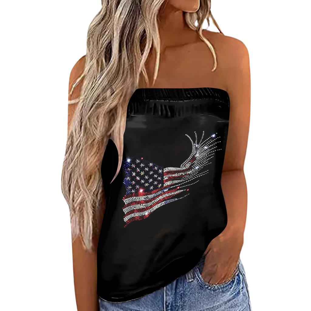 Women's Summer Sexy Strapless Off-Shoulder Elastic Band Design Independence Day Print Top