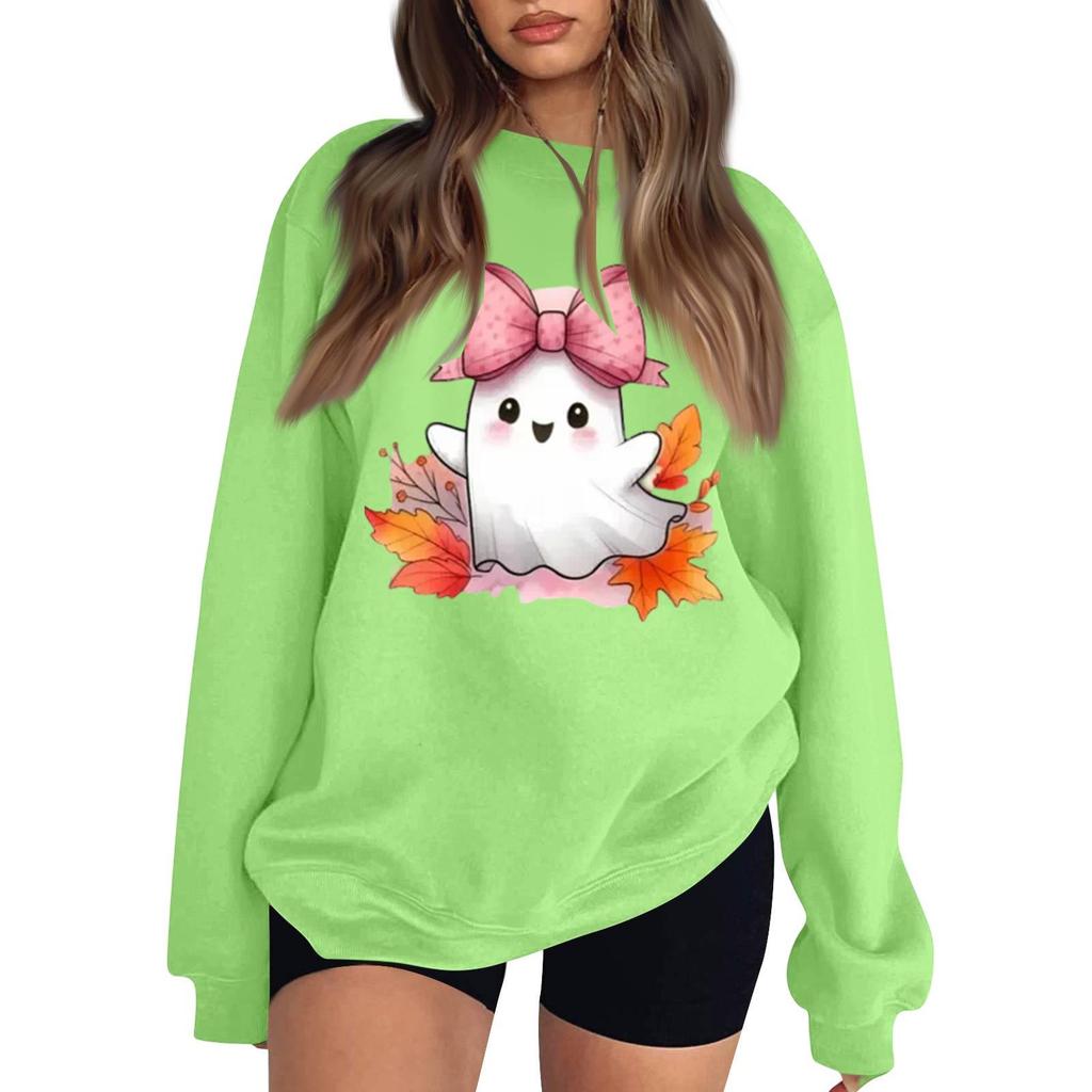 Women's Neck Long Sleeve Sweatshirt Casual Loose Fit Color Pullover with Halloween Print