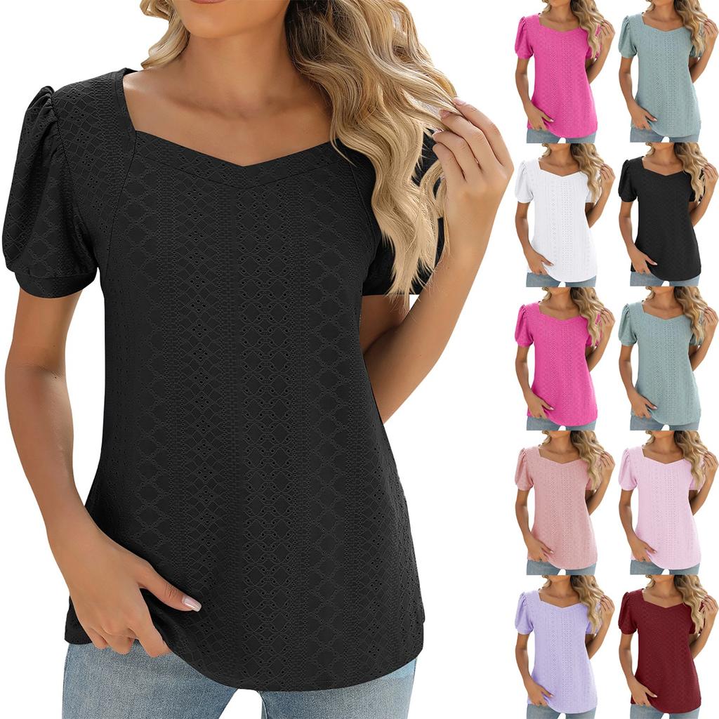 Women's Fashion Square Neck Splicing Solid Color Short Sleeve